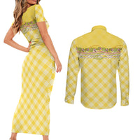 Hawaii Palaka Pikake Lokelani Plumeria Couples Matching Short Sleeve Bodycon Dress and Long Sleeve Button Shirt Melemele Coquette Bow LT01 - Polynesian Pride