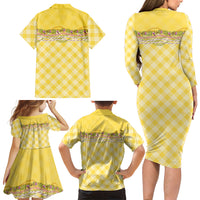 Hawaii Palaka Pikake Lokelani Plumeria Family Matching Long Sleeve Bodycon Dress and Hawaiian Shirt Melemele Coquette Bow LT01 Mom's Dress Yellow - Polynesian Pride