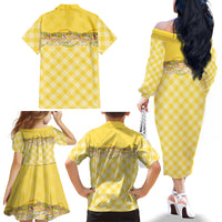 Hawaii Palaka Pikake Lokelani Plumeria Family Matching Off The Shoulder Long Sleeve Dress and Hawaiian Shirt Melemele Coquette Bow