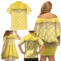 Hawaii Palaka Pikake Lokelani Plumeria Family Matching Off Shoulder Short Dress and Hawaiian Shirt Melemele Coquette Bow LT01 Mom's Dress Yellow - Polynesian Pride