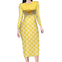 Hawaii Palaka Pikake Lokelani Plumeria Long Sleeve Bodycon Dress Melemele Coquette Bow LT01 Long Dress Yellow - Polynesian Pride