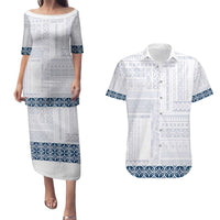 Samoa Siapo Blue Trimmed Couples Matching Puletasi and Hawaiian Shirt Samoa White Sunday - Polynesian Pride