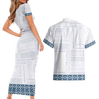 Samoa Siapo Blue Trimmed Couples Matching Short Sleeve Bodycon Dress and Hawaiian Shirt Samoa White Sunday - Polynesian Pride