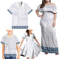 Samoa Siapo Blue Trimmed Family Matching Off Shoulder Maxi Dress and Hawaiian Shirt Samoa White Sunday - Polynesian Pride