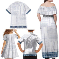 Samoa Siapo Blue Trimmed Family Matching Off Shoulder Maxi Dress and Hawaiian Shirt Samoa White Sunday - Polynesian Pride