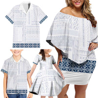 Samoa Siapo Blue Trimmed Family Matching Off Shoulder Short Dress and Hawaiian Shirt Samoa White Sunday - Polynesian Pride