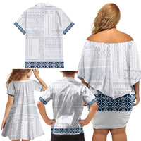 Samoa Siapo Blue Trimmed Family Matching Off Shoulder Short Dress and Hawaiian Shirt Samoa White Sunday - Polynesian Pride