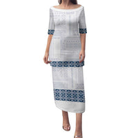 Samoa Siapo Blue Trimmed Family Matching Puletasi and Hawaiian Shirt Samoa White Sunday LT01 Mom's Dress Blue - Polynesian Pride