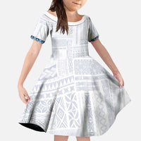 Samoa Siapo Blue Trimmed Family Matching Short Sleeve Bodycon Dress and Hawaiian Shirt Samoa White Sunday - Polynesian Pride