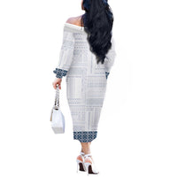 Samoa Siapo Blue Trimmed Off The Shoulder Long Sleeve Dress Samoa White Sunday - Polynesian Pride