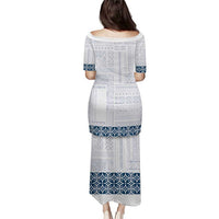 Samoa Siapo Blue Trimmed Puletasi Samoa White Sunday - Polynesian Pride