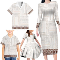 Samoa Siapo Brown Trimmed Family Matching Long Sleeve Bodycon Dress and Hawaiian Shirt Samoa White Sunday - Polynesian Pride