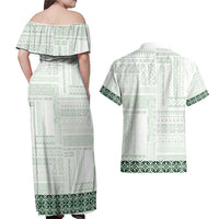 Samoa Siapo Green Trimmed Couples Matching Off Shoulder Maxi Dress and Hawaiian Shirt Samoa White Sunday - Polynesian Pride