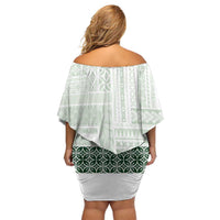 Samoa Siapo Green Trimmed Family Matching Off Shoulder Short Dress and Hawaiian Shirt Samoa White Sunday - Polynesian Pride