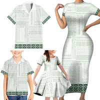 Samoa Siapo Green Trimmed Family Matching Short Sleeve Bodycon Dress and Hawaiian Shirt Samoa White Sunday - Polynesian Pride