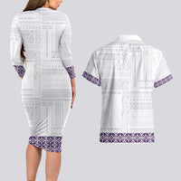 Samoa Siapo Purple Trimmed Couples Matching Long Sleeve Bodycon Dress and Hawaiian Shirt Samoa White Sunday - Polynesian Pride