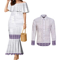 Samoa Siapo Purple Trimmed Couples Matching Mermaid Dress and Long Sleeve Button Shirt Samoa White Sunday - Polynesian Pride