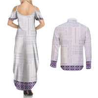 Samoa Siapo Purple Trimmed Couples Matching Summer Maxi Dress and Long Sleeve Button Shirt Samoa White Sunday - Polynesian Pride