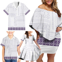 Samoa Siapo Purple Trimmed Family Matching Off Shoulder Short Dress and Hawaiian Shirt Samoa White Sunday - Polynesian Pride