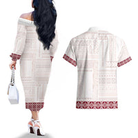 Samoa Siapo Red Trimmed Couples Matching Off The Shoulder Long Sleeve Dress and Hawaiian Shirt Samoa White Sunday - Polynesian Pride