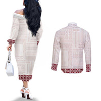 Samoa Siapo Red Trimmed Couples Matching Off The Shoulder Long Sleeve Dress and Long Sleeve Button Shirt Samoa White Sunday - Polynesian Pride
