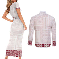 Samoa Siapo Red Trimmed Couples Matching Short Sleeve Bodycon Dress and Long Sleeve Button Shirt Samoa White Sunday - Polynesian Pride