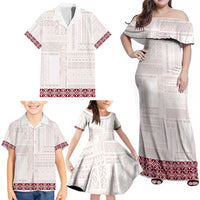 Samoa Siapo Red Trimmed Family Matching Off Shoulder Maxi Dress and Hawaiian Shirt Samoa White Sunday - Polynesian Pride