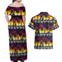 Hawaii Hibiscus Palm Tree Sunset Couples Matching Off Shoulder Maxi Dress and Hawaiian Shirt Tropical Style - Polynesian Pride