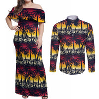 Hawaii Hibiscus Palm Tree Sunset Couples Matching Off Shoulder Maxi Dress and Long Sleeve Button Shirt Tropical Style - Polynesian Pride