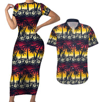 Hawaii Hibiscus Palm Tree Sunset Couples Matching Short Sleeve Bodycon Dress and Hawaiian Shirt Tropical Style - Polynesian Pride