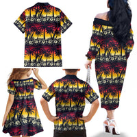 Hawaii Hibiscus Palm Tree Sunset Family Matching Off The Shoulder Long Sleeve Dress and Hawaiian Shirt Tropical Style - Polynesian Pride