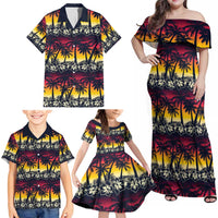 Hawaii Hibiscus Palm Tree Sunset Family Matching Off Shoulder Maxi Dress and Hawaiian Shirt Tropical Style - Polynesian Pride