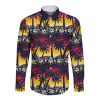 Hawaii Hibiscus Palm Tree Sunset Long Sleeve Button Shirt Tropical Style - Polynesian Pride