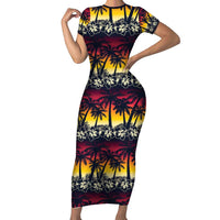 Hawaii Hibiscus Palm Tree Sunset Short Sleeve Bodycon Dress Tropical Style - Polynesian Pride