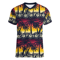 Hawaii Hibiscus Palm Tree Sunset Women V-Neck T-Shirt Tropical Style - Polynesian Pride