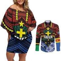 Personalised Vanuatu Tafea Province Couples Matching Off Shoulder Short Dress and Long Sleeve Button Shirt Unique Tropical Tribal Pattern LT01 Colorful - Polynesian Pride