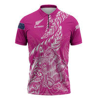 Custom New Zealand Rugby Silver Fern Zipper Polo Shirt Aotearoa Kiwi Maori Pink Version - Polynesian Pride
