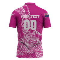 Custom New Zealand Rugby Silver Fern Zipper Polo Shirt Aotearoa Kiwi Maori Pink Version - Polynesian Pride
