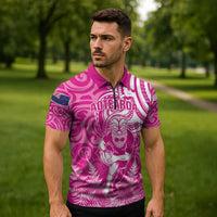 New Zealand Silver Fern Rugby All Pink Zipper Polo Shirt Maori Tiki Player With Ta Moko Tribal - Polynesian Pride