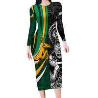 Custom New Zealand and South Africa Rugby Family Matching Long Sleeve Bodycon Dress and Hawaiian Shirt Silver Fern Protea Pattern World Cup 2023 LT01 Mom's Dress Art - Polynesian Pride