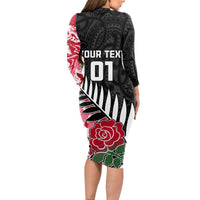 Custom New Zealand and England Rugby Long Sleeve Bodycon Dress Silver Fern With Red Rose World Cup 2023 LT01 - Polynesian Pride