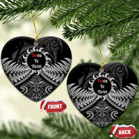 Toitu Te Tiriti Aotearoa Silver Fern Ceramic Ornament Maori Pattern LT01 Heart Black - Polynesian Pride