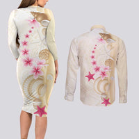Beige Frangipani Sea Shell Couples Matching Long Sleeve Bodycon Dress and Long Sleeve Button Shirt Starfish Polynesian Pattern LT01 - Polynesian Pride