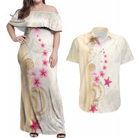 Beige Frangipani Sea Shell Couples Matching Off Shoulder Maxi Dress and Hawaiian Shirt Starfish Polynesian Pattern LT01 Beige - Polynesian Pride