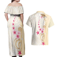 Beige Frangipani Sea Shell Couples Matching Off Shoulder Maxi Dress and Hawaiian Shirt Starfish Polynesian Pattern LT01 - Polynesian Pride