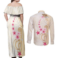 Beige Frangipani Sea Shell Couples Matching Off Shoulder Maxi Dress and Long Sleeve Button Shirt Starfish Polynesian Pattern LT01 - Polynesian Pride