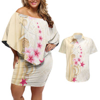 Beige Frangipani Sea Shell Couples Matching Off Shoulder Short Dress and Hawaiian Shirt Starfish Polynesian Pattern LT01 Beige - Polynesian Pride