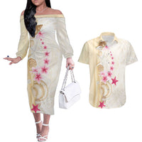 Beige Frangipani Sea Shell Couples Matching Off The Shoulder Long Sleeve Dress and Hawaiian Shirt Starfish Polynesian Pattern LT01 Beige - Polynesian Pride