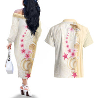Beige Frangipani Sea Shell Couples Matching Off The Shoulder Long Sleeve Dress and Hawaiian Shirt Starfish Polynesian Pattern LT01 - Polynesian Pride