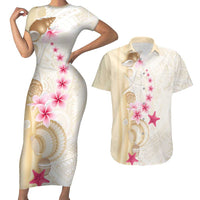 Beige Frangipani Sea Shell Couples Matching Short Sleeve Bodycon Dress and Hawaiian Shirt Starfish Polynesian Pattern LT01 Beige - Polynesian Pride